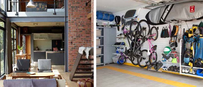 living room and garage with sports equipment stacked neatly on the wall