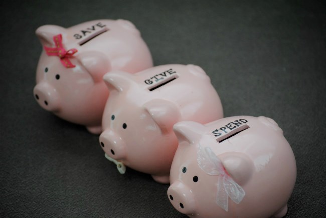 3 piggy banks saving jars for kids labeled; save, give and spend