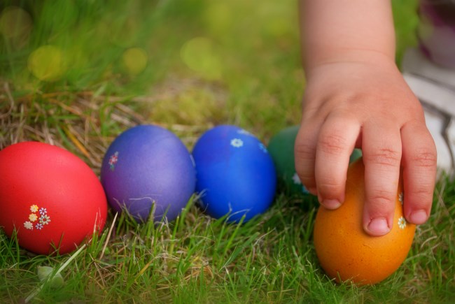 children searching for easter egg treats in the garden