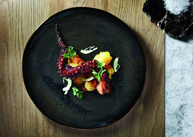 A dish of Blackened octopus, crushed paprika potato, candied lemon...